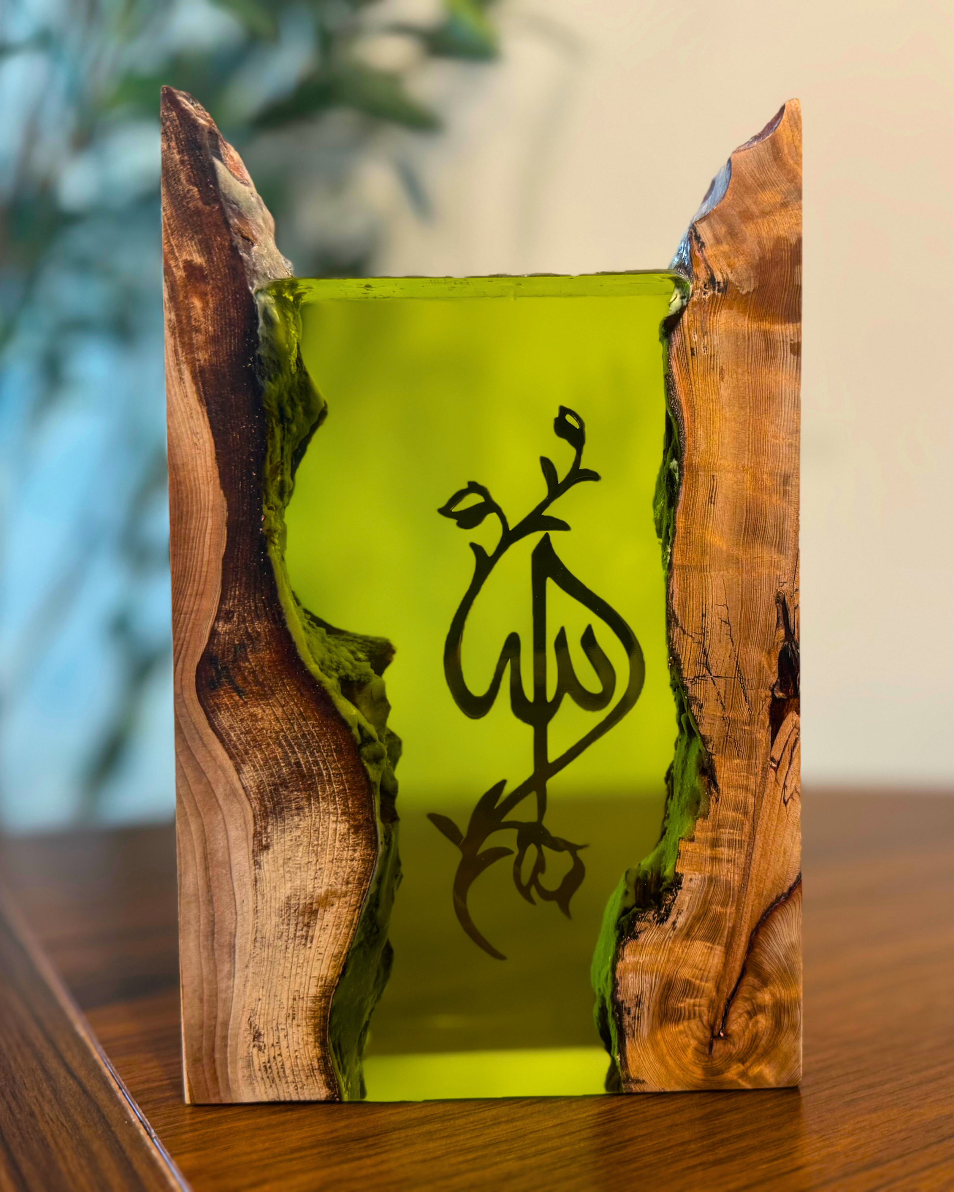 Green resin Islamic home décor glowing with LED light base.