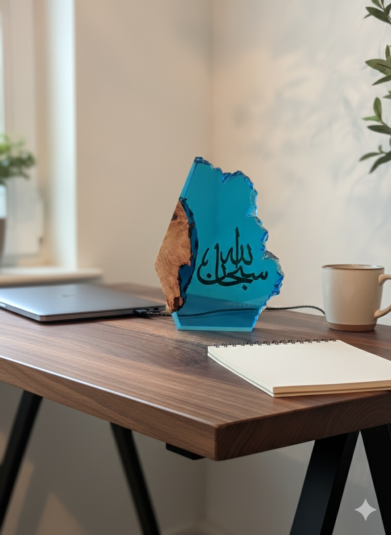 Handcrafted Islamic resin art displayed in living room, reflecting luxury and faith-inspired design.