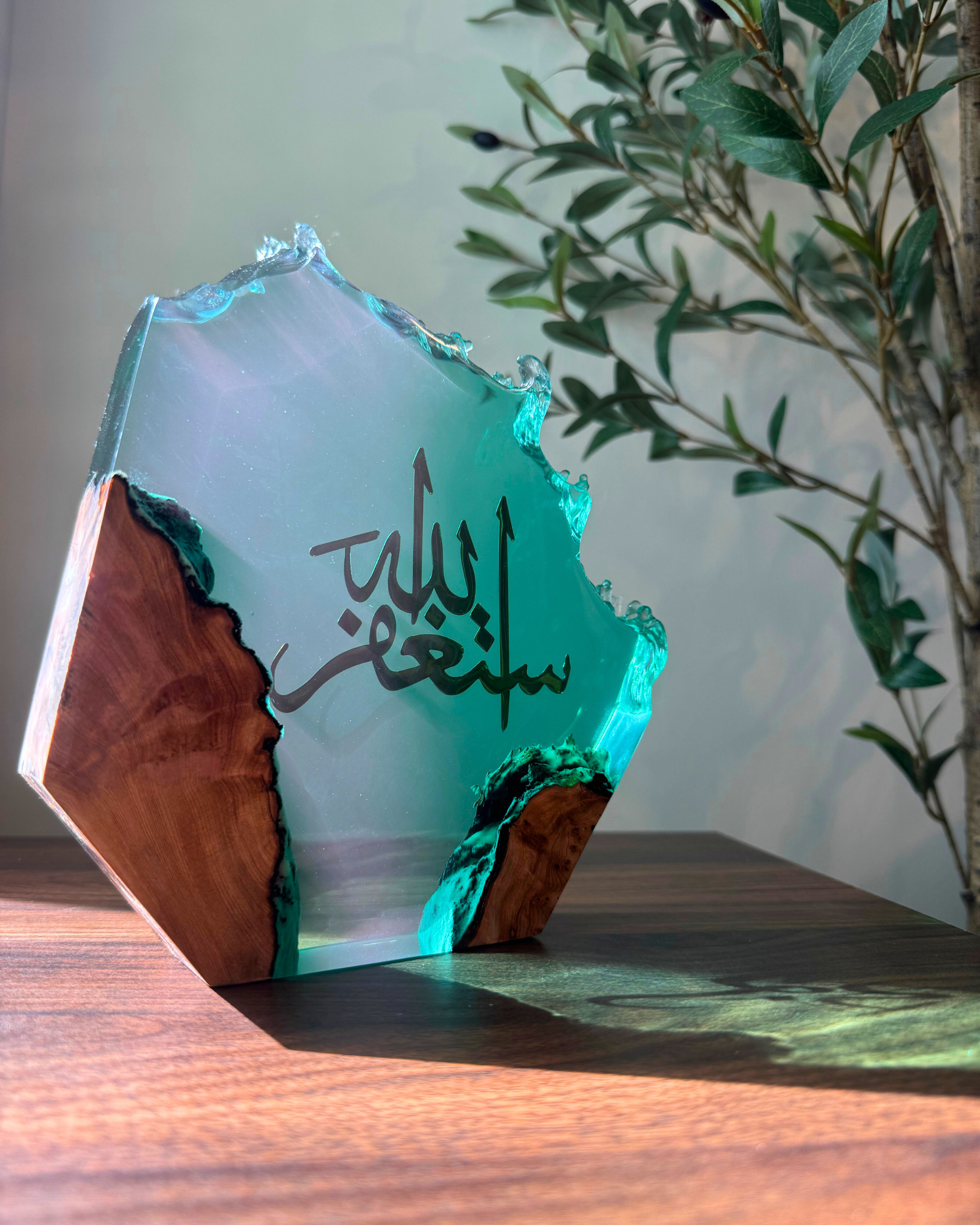 Illuminated Islamic art — light blue resin with soft glowing LED.