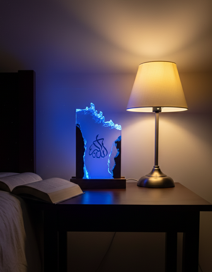 Luxury Islamic art showcased on a modern shelf, blending Arabic calligraphy and premium resin craftsmanship.