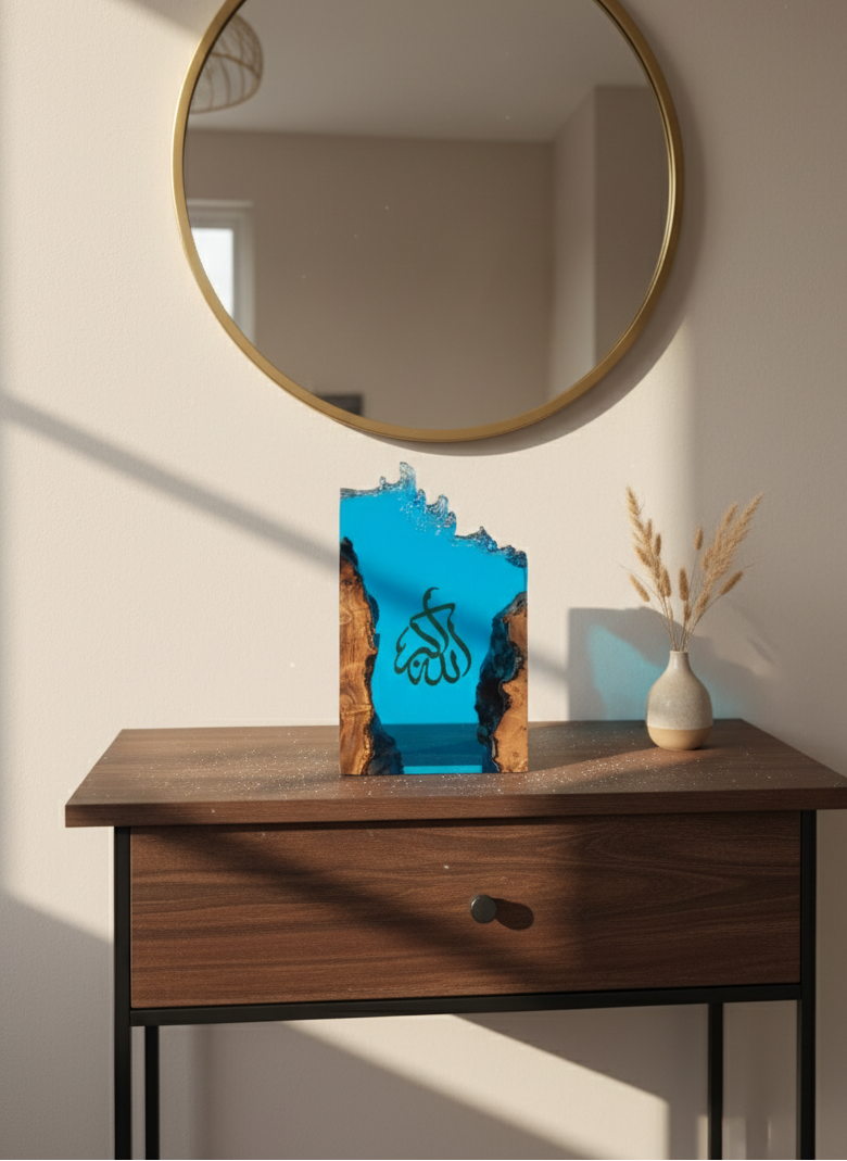 Luxury resin Islamic art collection featured in stylish home gallery, emphasizing detail and authenticity.