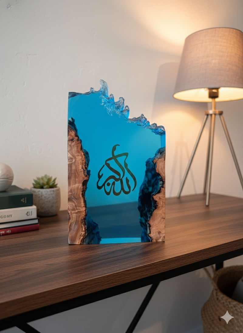 Olive wood and crystal resin Islamic art showcased on tabletop, elegant Arabic calligraphy centerpiece.