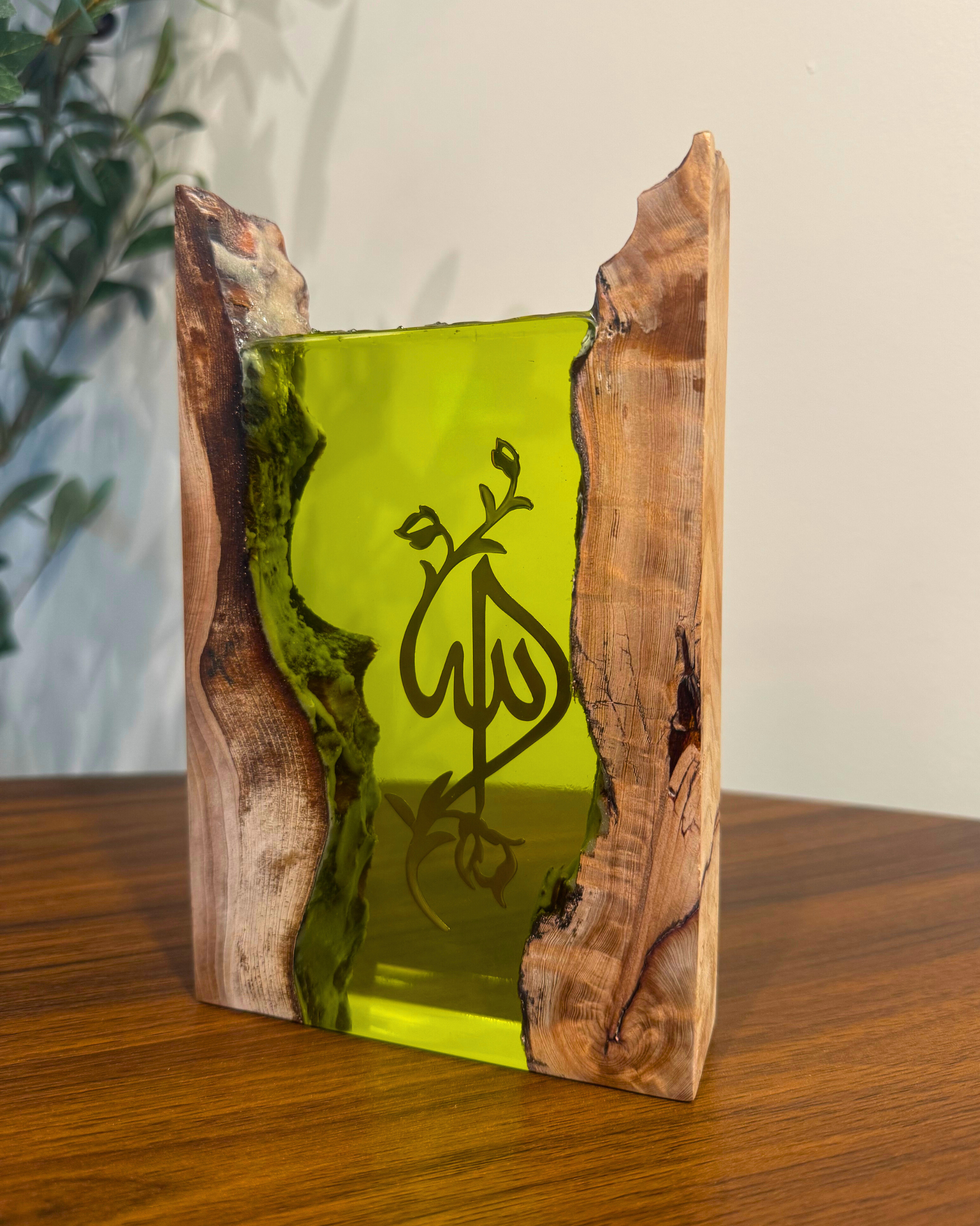 Olive wood and resin Allah sculpture, perfect Ramadan décor.