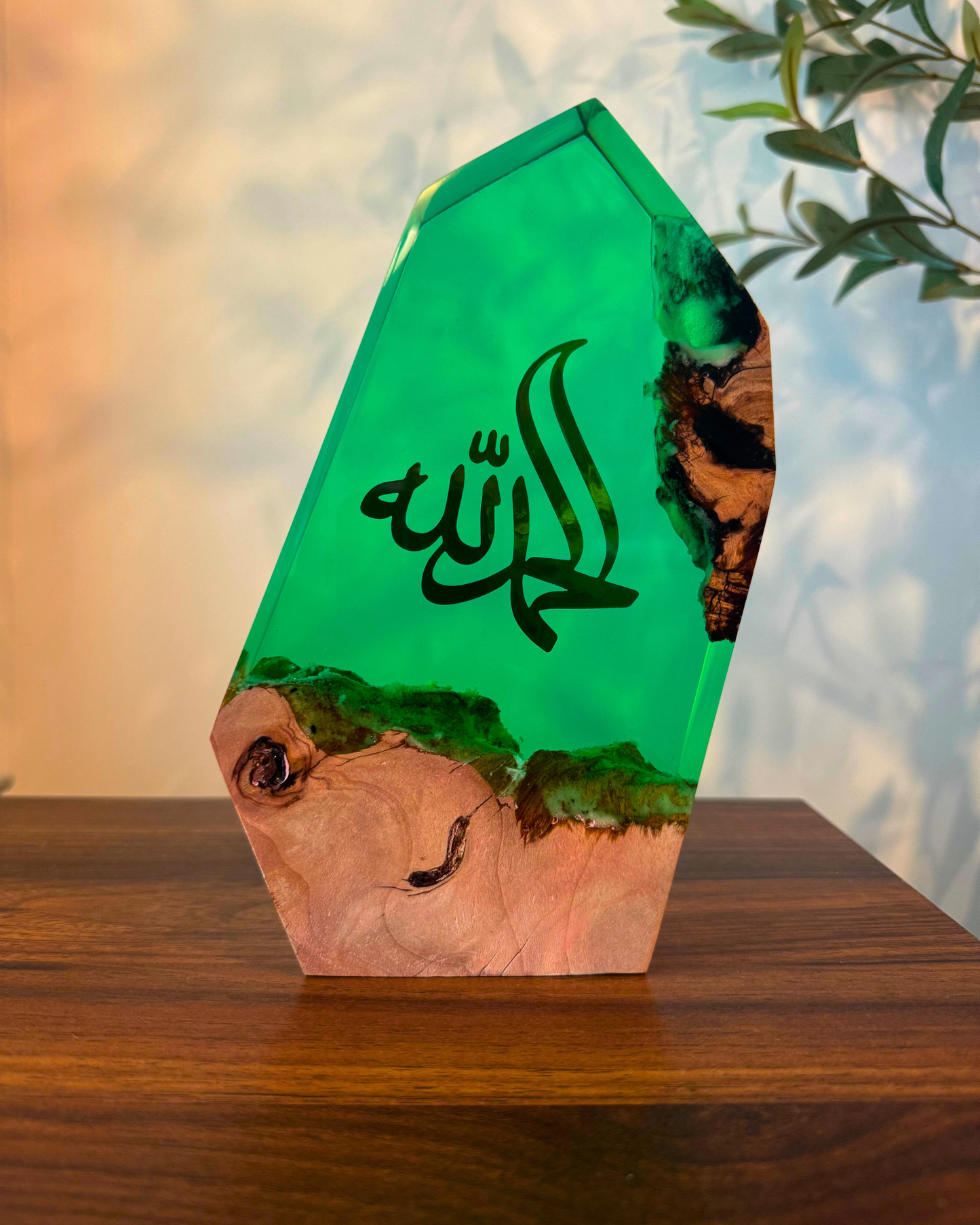 Handcrafted turquoise resin and olive wood Islamic décor, unique and timeless.