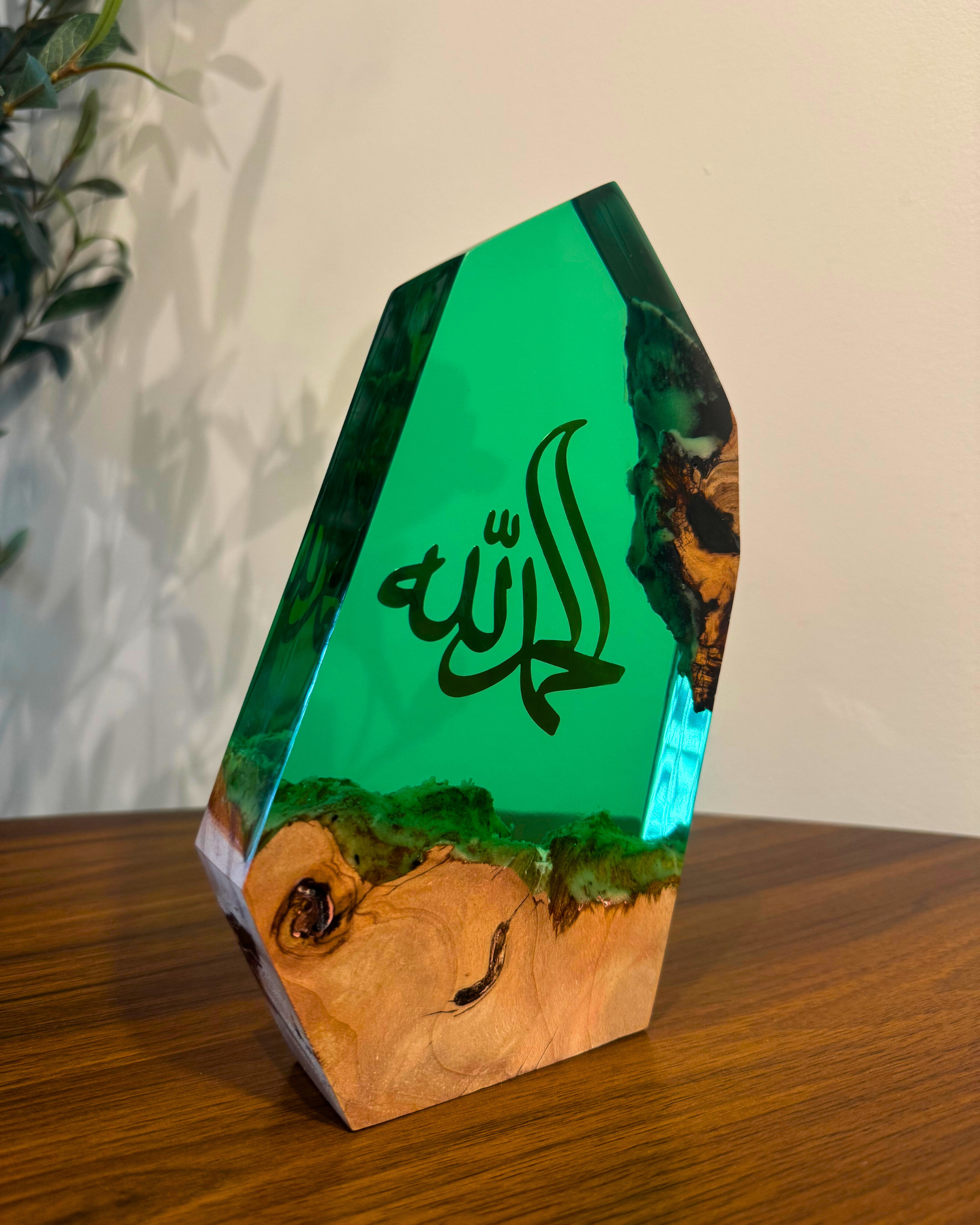 Elegant turquoise resin Islamic art piece with built-in LED light.